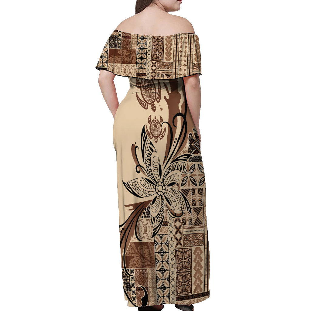 Talofa Samoa Mamanu Siapo Mix Malu Off Shoulder Maxi Dress Classic Beige Frangipani and Turtles LT7 - Polynesian Pride