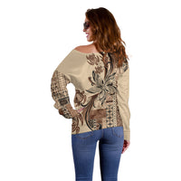 Talofa Samoa Mamanu Siapo Mix Malu Off Shoulder Sweater Classic Beige Frangipani and Turtles