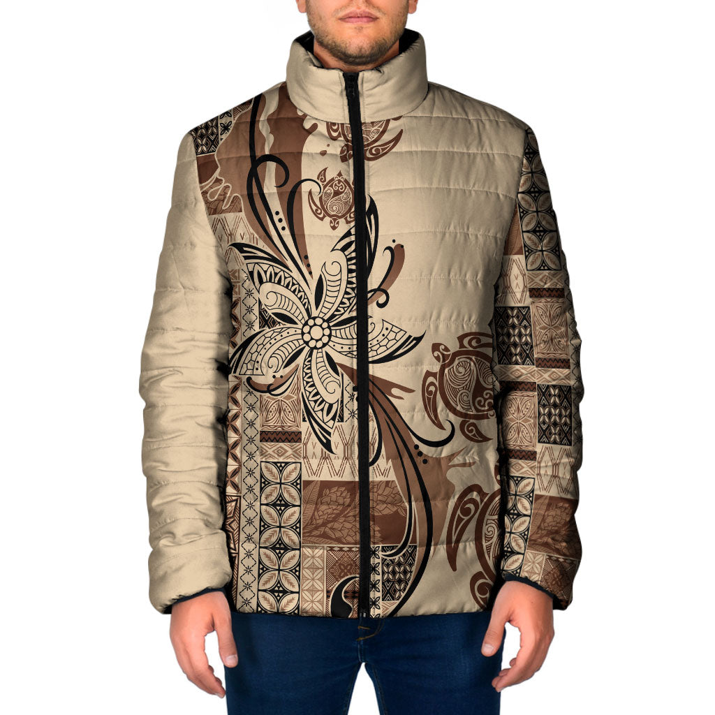 Talofa Samoa Mamanu Siapo Mix Malu Padded Jacket Classic Beige Frangipani and Turtles