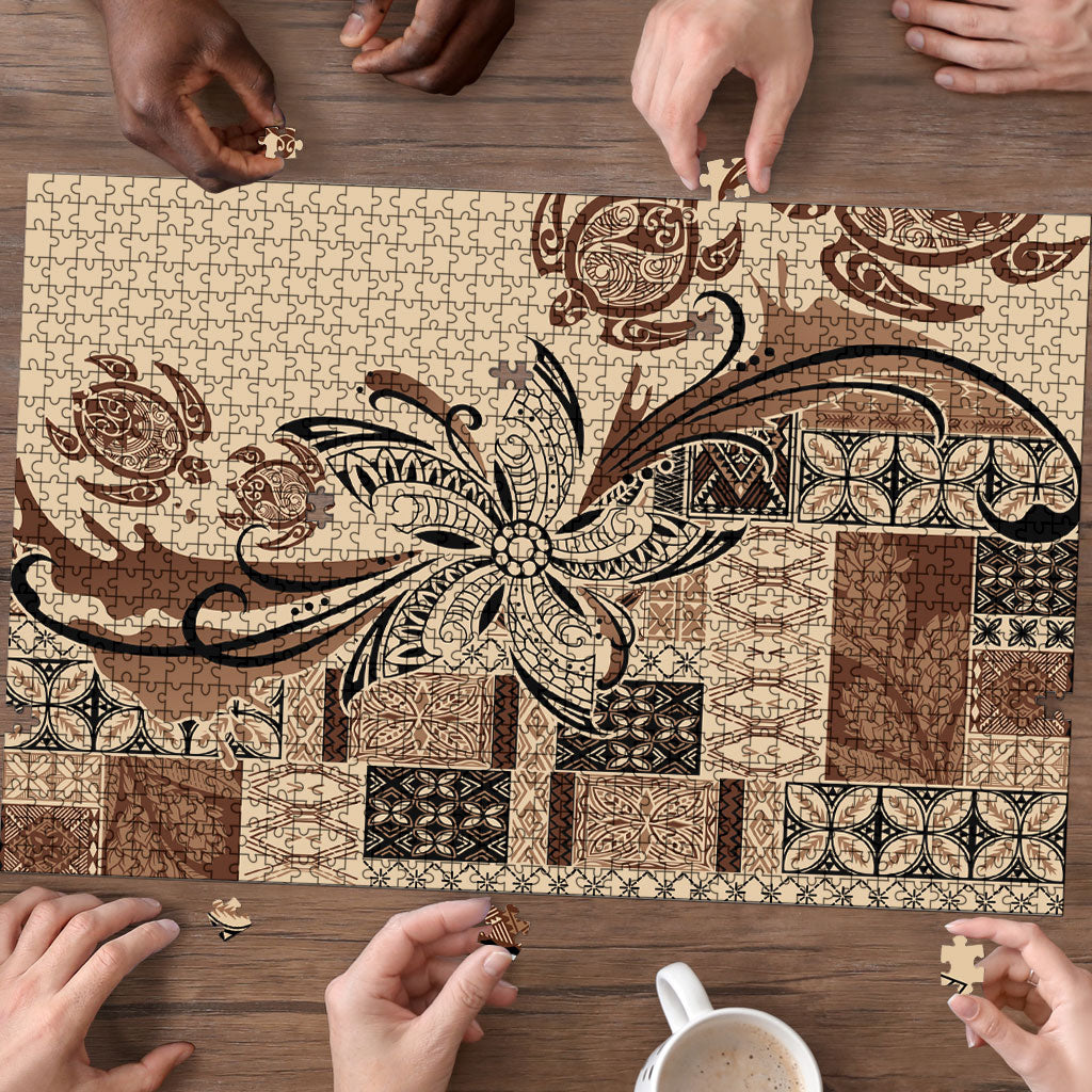 Talofa Samoa Mamanu Siapo Mix Malu Puzzle Classic Beige Frangipani and Turtles LT7 - Polynesian Pride