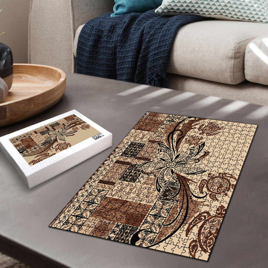 Talofa Samoa Mamanu Siapo Mix Malu Puzzle Classic Beige Frangipani and Turtles LT7 - Polynesian Pride