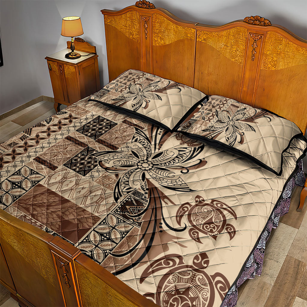 Talofa Samoa Mamanu Siapo Mix Malu Quilt Bed Set Classic Beige Frangipani and Turtles LT7 - Polynesian Pride