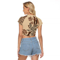 Talofa Samoa Mamanu Siapo Mix Malu Raglan Cropped T Shirt Classic Beige Frangipani and Turtles LT7 - Polynesian Pride