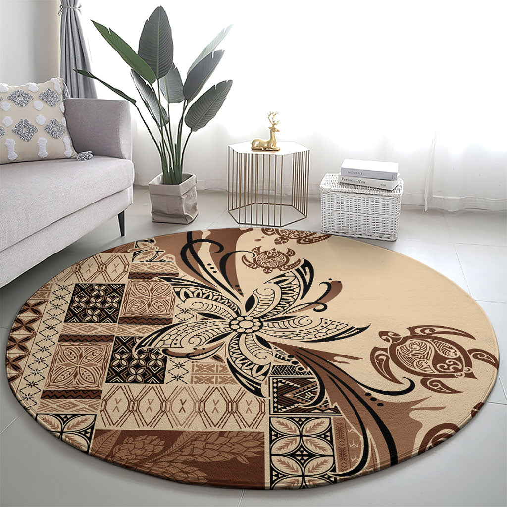 Talofa Samoa Mamanu Siapo Mix Malu Round Carpet Classic Beige Frangipani and Turtles