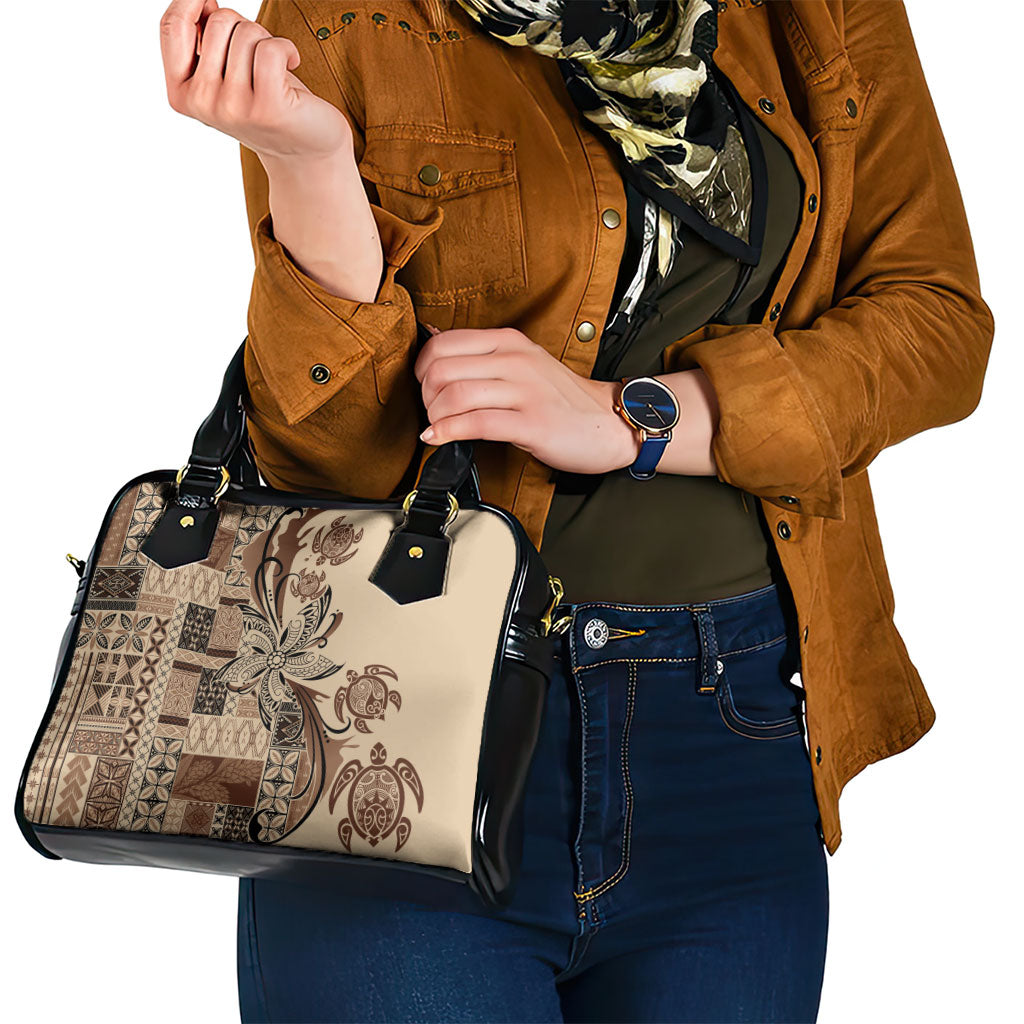 Talofa Samoa Mamanu Siapo Mix Malu Shoulder Handbag Classic Beige Frangipani and Turtles LT7 - Polynesian Pride