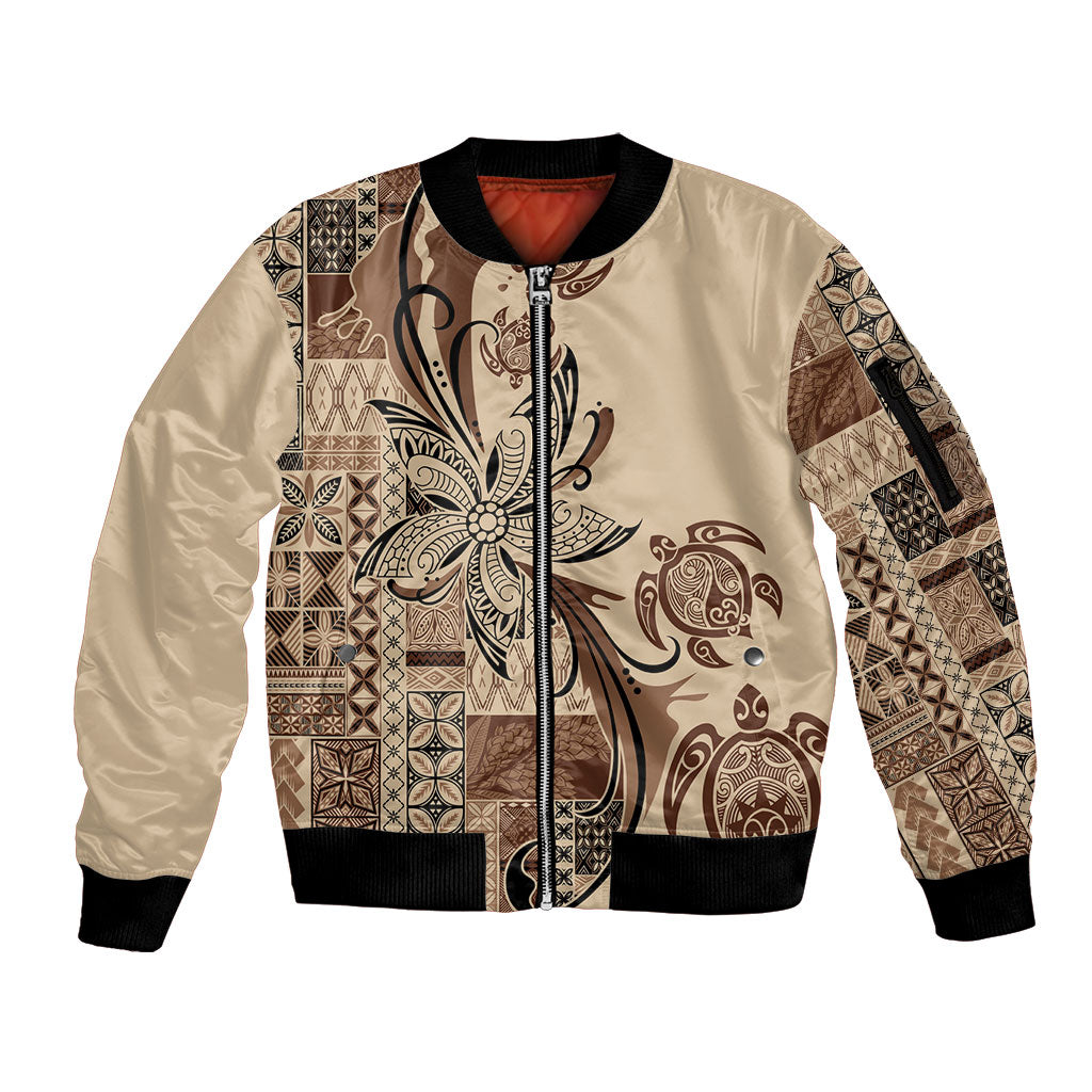 Talofa Samoa Mamanu Siapo Mix Malu Sleeve Zip Bomber Jacket Classic Beige Frangipani and Turtles LT7 Unisex Beige - Polynesian Pride