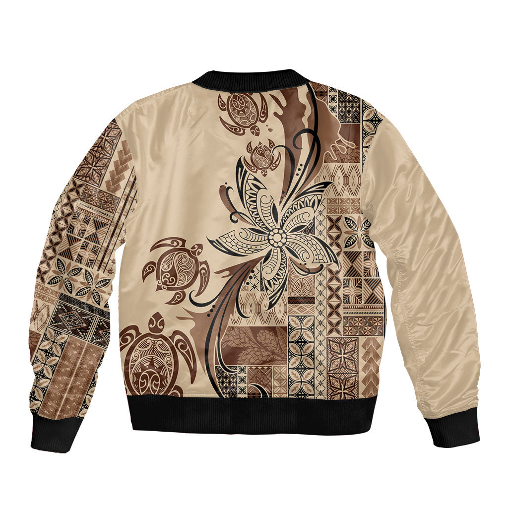 Talofa Samoa Mamanu Siapo Mix Malu Sleeve Zip Bomber Jacket Classic Beige Frangipani and Turtles LT7 - Polynesian Pride
