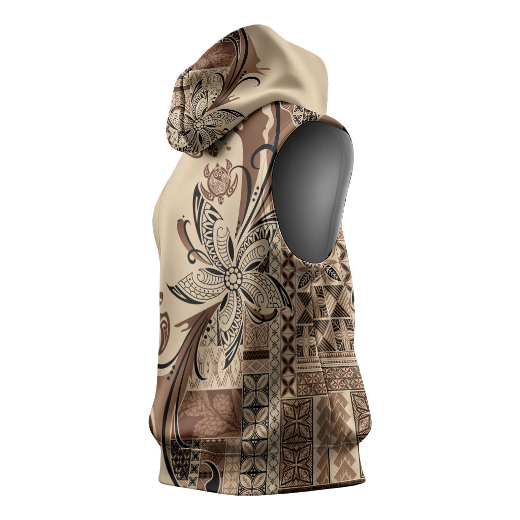 Talofa Samoa Mamanu Siapo Mix Malu Sleeveless Hoodie Classic Beige Frangipani and Turtles LT7 - Polynesian Pride