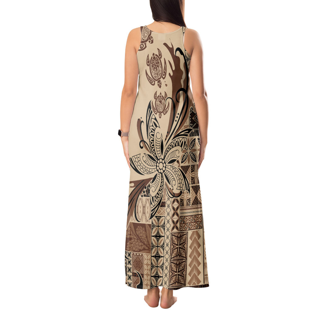 Talofa Samoa Mamanu Siapo Mix Malu Tank Maxi Dress Classic Beige Frangipani and Turtles LT7 - Polynesian Pride