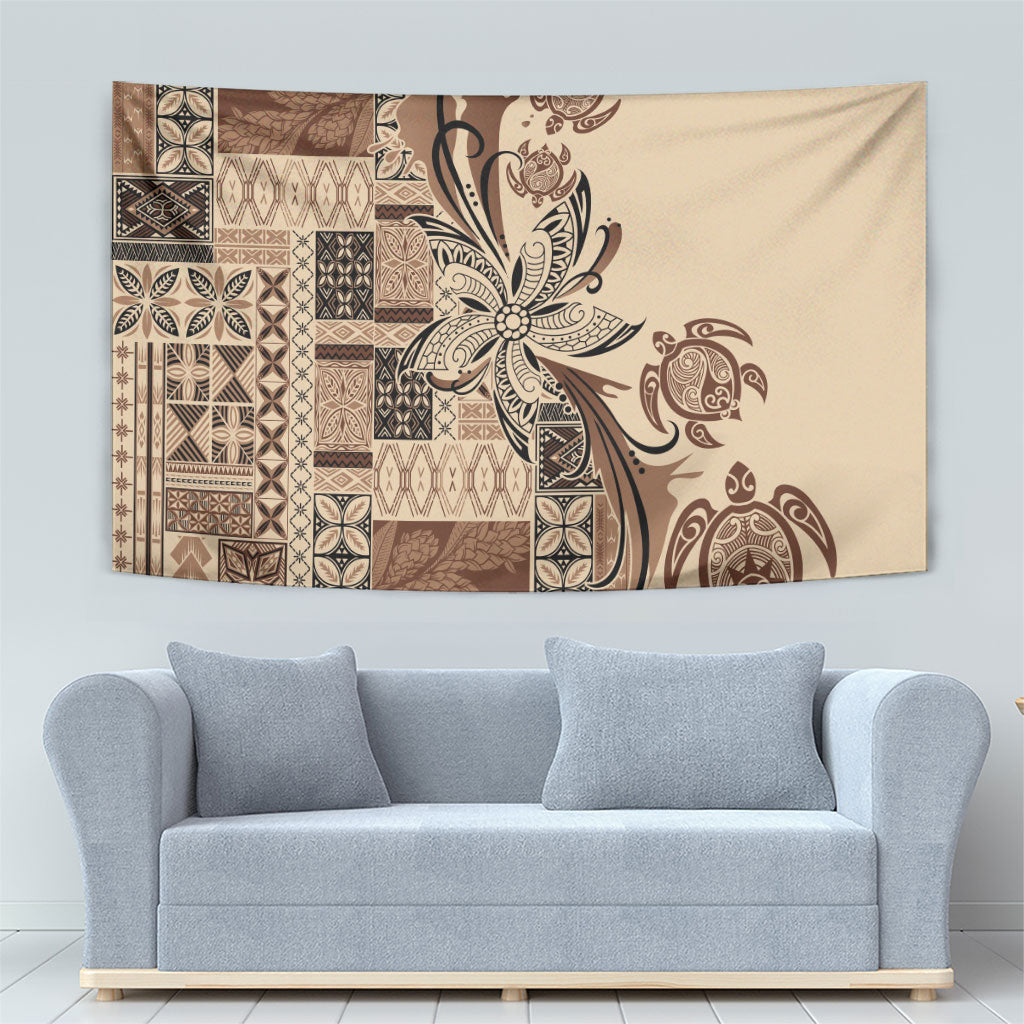 Talofa Samoa Mamanu Siapo Mix Malu Tapestry Classic Beige Frangipani and Turtles