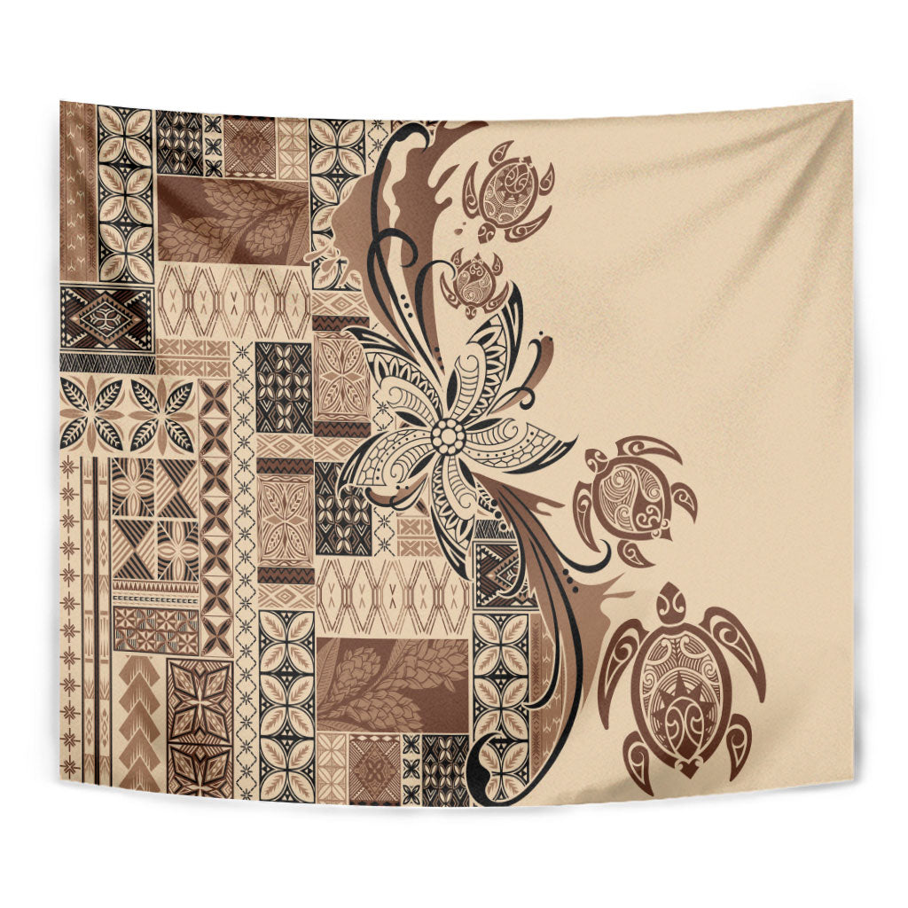 Talofa Samoa Mamanu Siapo Mix Malu Tapestry Classic Beige Frangipani and Turtles