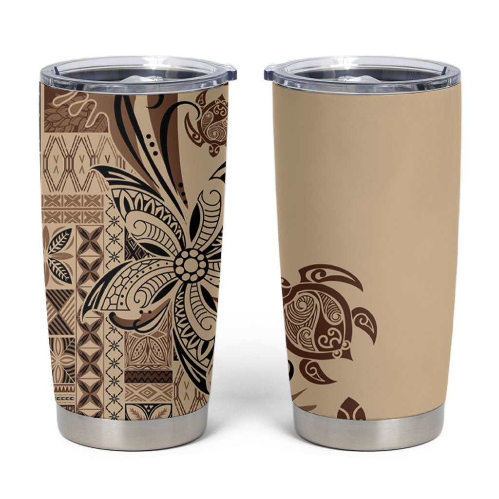 Talofa Samoa Mamanu Siapo Mix Malu Tumbler Cup Classic Beige Frangipani and Turtles LT7 Beige - Polynesian Pride