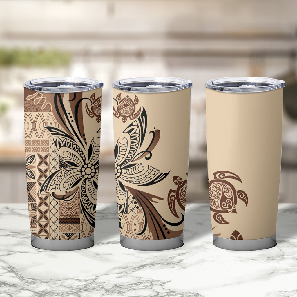 Talofa Samoa Mamanu Siapo Mix Malu Tumbler Cup Classic Beige Frangipani and Turtles LT7 - Polynesian Pride