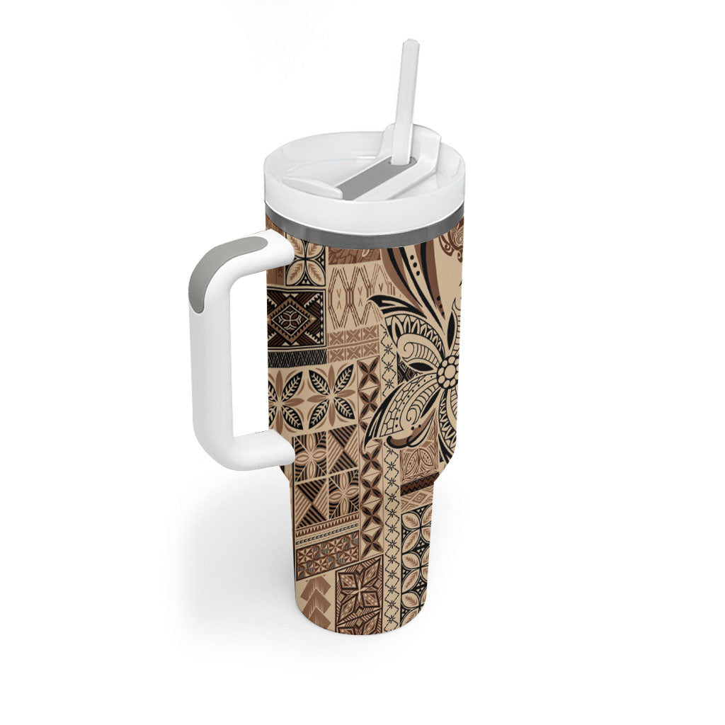 Talofa Samoa Mamanu Siapo Mix Malu Tumbler With Handle Classic Beige Frangipani and Turtles