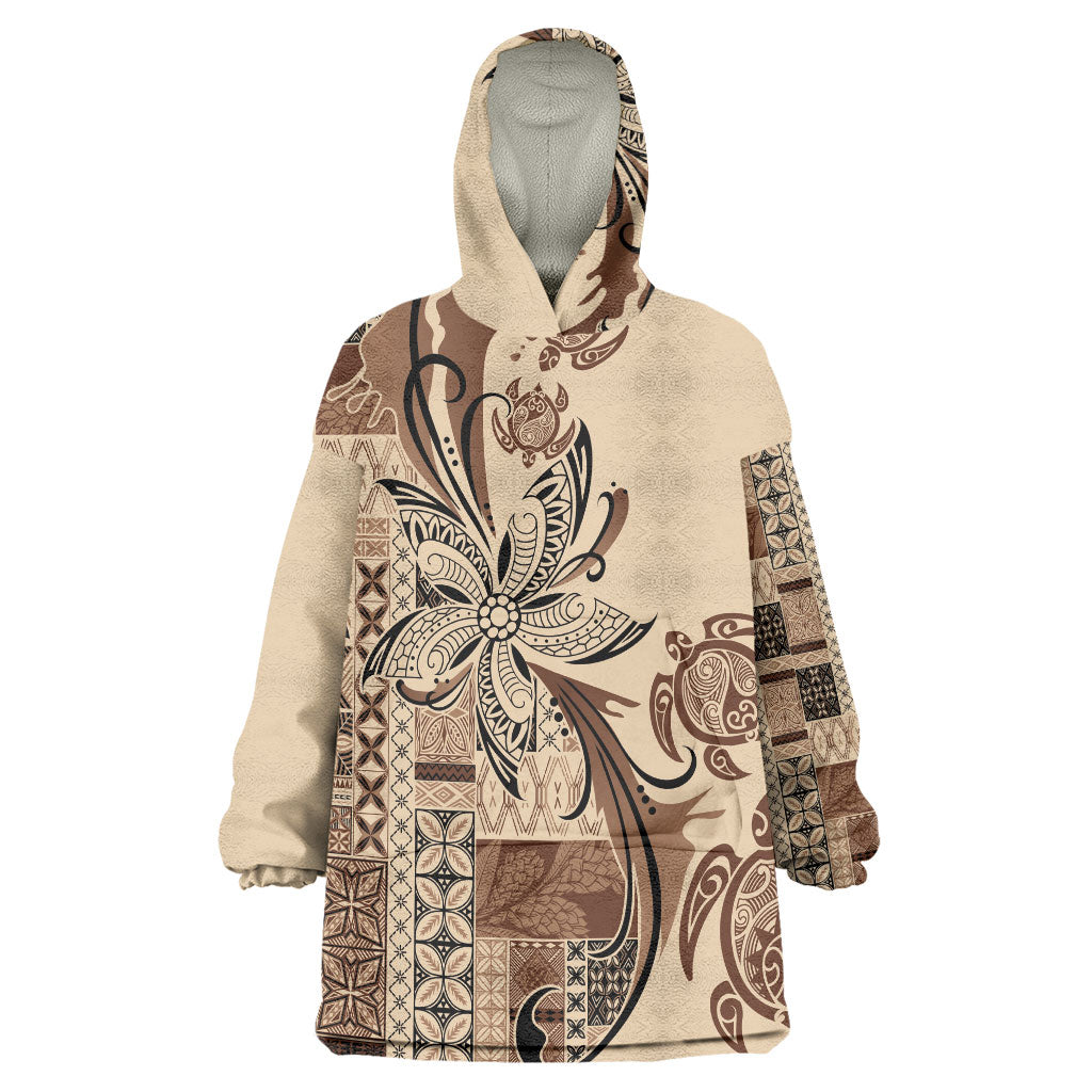 Talofa Samoa Mamanu Siapo Mix Malu Wearable Blanket Hoodie Classic Beige Frangipani and Turtles LT7 One Size Beige - Polynesian Pride