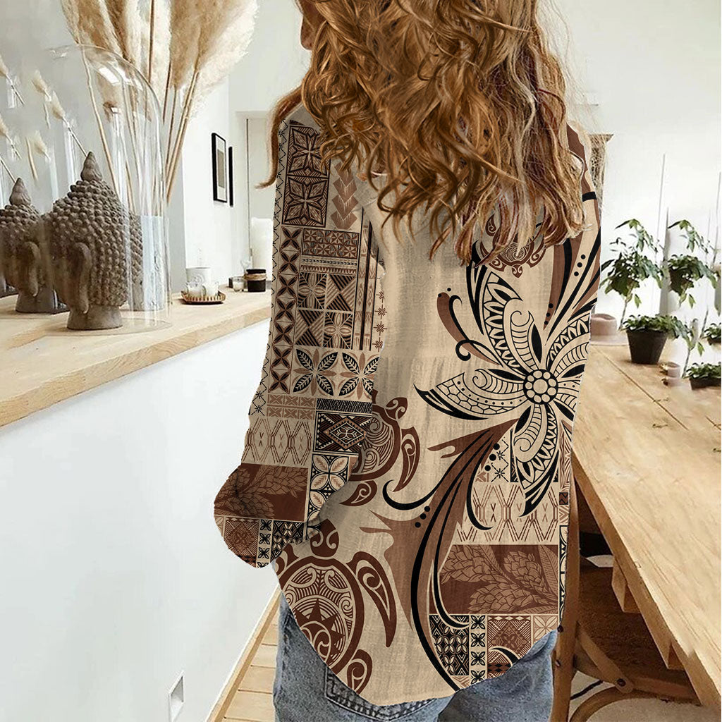 Talofa Samoa Mamanu Siapo Mix Malu Women Casual Shirt Classic Beige Frangipani and Turtles