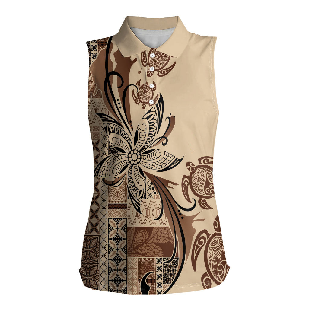 Talofa Samoa Mamanu Siapo Mix Malu Women Sleeveless Polo Shirt Classic Beige Frangipani and Turtles