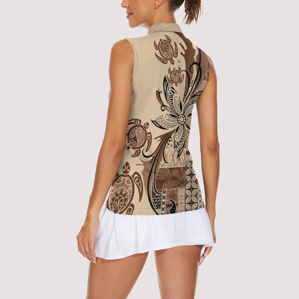 Talofa Samoa Mamanu Siapo Mix Malu Women Sleeveless Polo Shirt Classic Beige Frangipani and Turtles