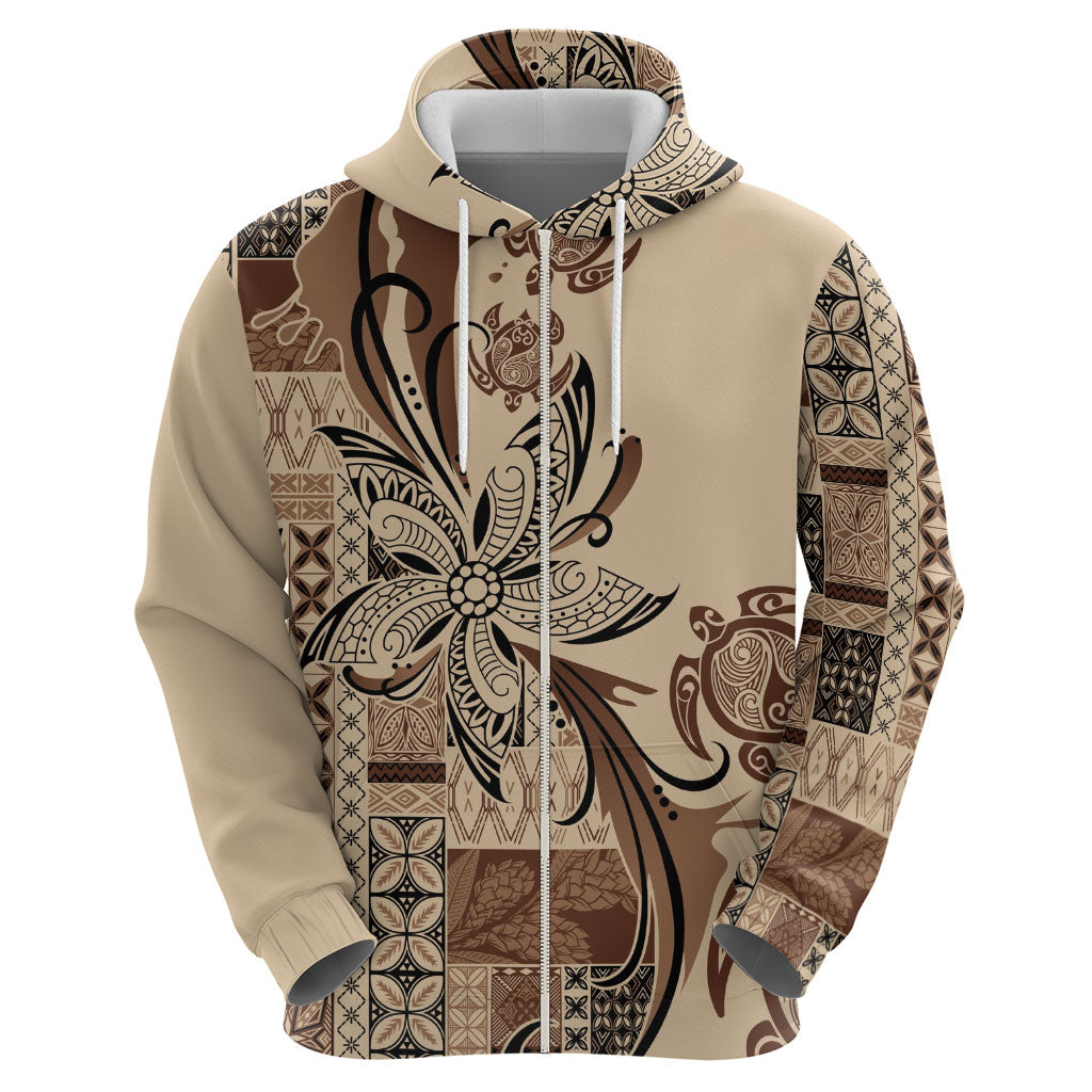 Talofa Samoa Mamanu Siapo Mix Malu Zip Hoodie Classic Beige Frangipani and Turtles