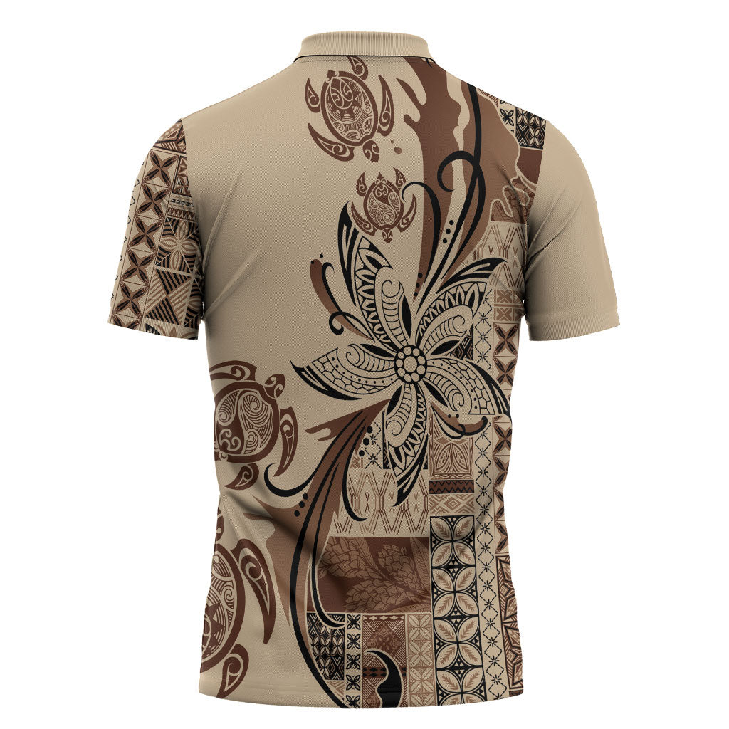 Talofa Samoa Mamanu Siapo Mix Malu Zipper Polo Shirt Classic Beige Frangipani and Turtles LT7 - Polynesian Pride