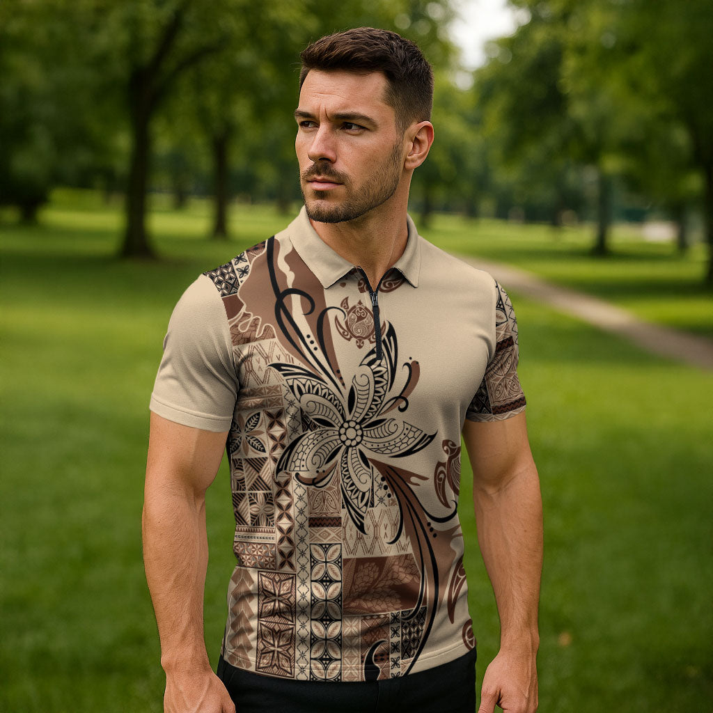 Talofa Samoa Mamanu Siapo Mix Malu Zipper Polo Shirt Classic Beige Frangipani and Turtles LT7 - Polynesian Pride