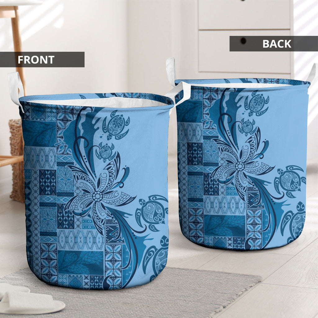 Talofa Samoa Mamanu Siapo Mix Malu Laundry Basket Cool Blue Frangipani and Turtles