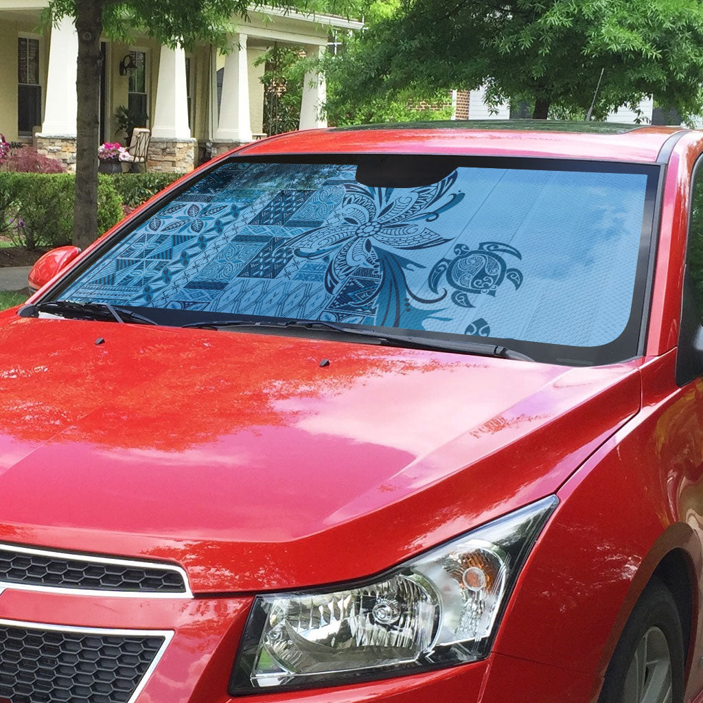 Talofa Samoa Mamanu Siapo Mix Malu Auto Sun Shade Cool Blue Frangipani and Turtles