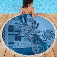 Talofa Samoa Mamanu Siapo Mix Malu Beach Blanket Cool Blue Frangipani and Turtles
