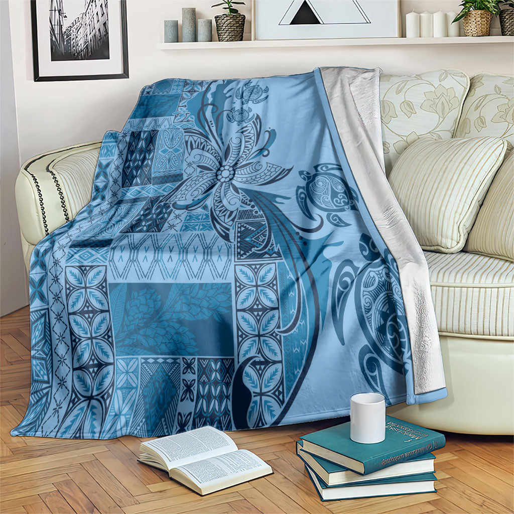Talofa Samoa Mamanu Siapo Mix Malu Blanket Cool Blue Frangipani and Turtles
