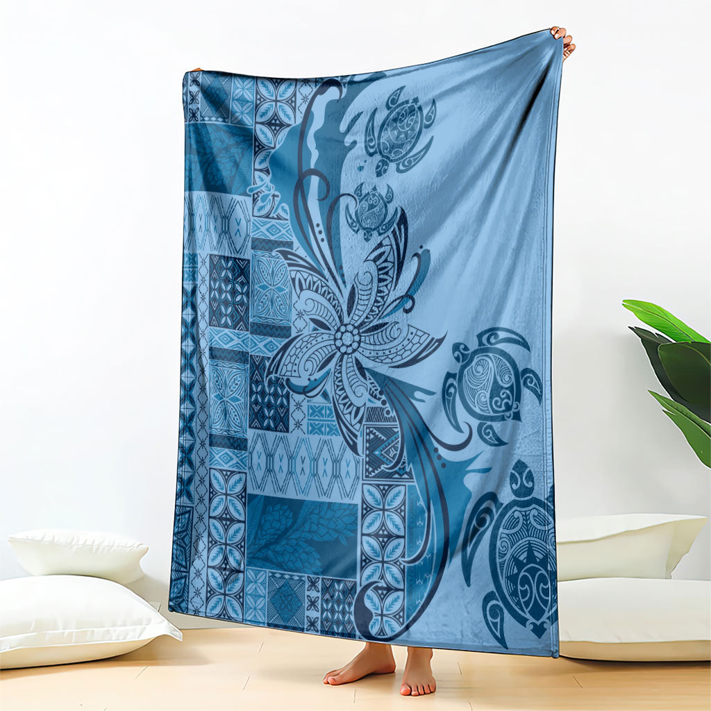 Talofa Samoa Mamanu Siapo Mix Malu Blanket Cool Blue Frangipani and Turtles