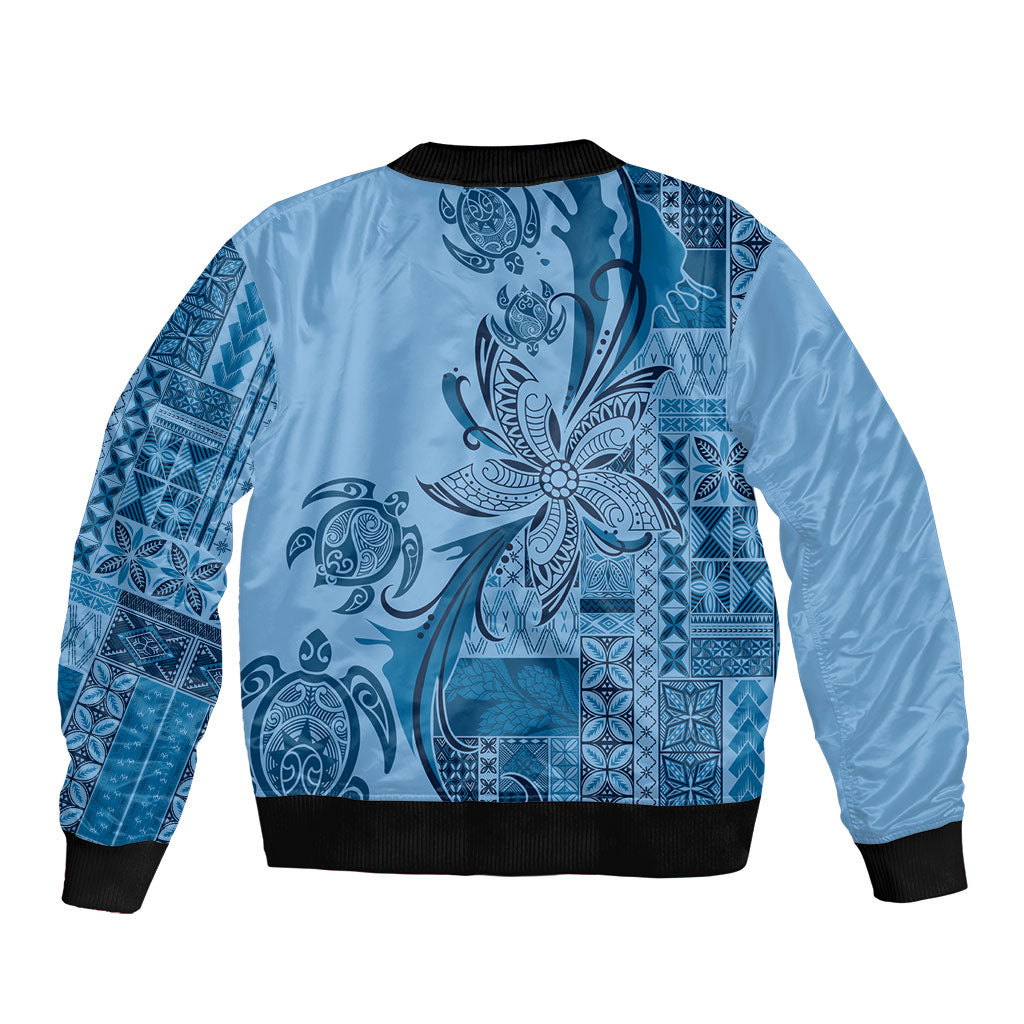Talofa Samoa Mamanu Siapo Mix Malu Bomber Jacket Cool Blue Frangipani and Turtles