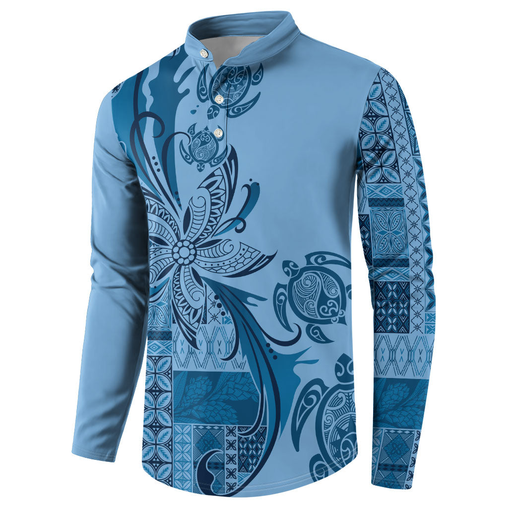 Talofa Samoa Mamanu Siapo Mix Malu Button Sweatshirt Cool Blue Frangipani and Turtles