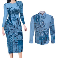 Talofa Samoa Mamanu Siapo Mix Malu Couples Matching Long Sleeve Bodycon Dress and Long Sleeve Button Shirt Cool Blue Frangipani and Turtles