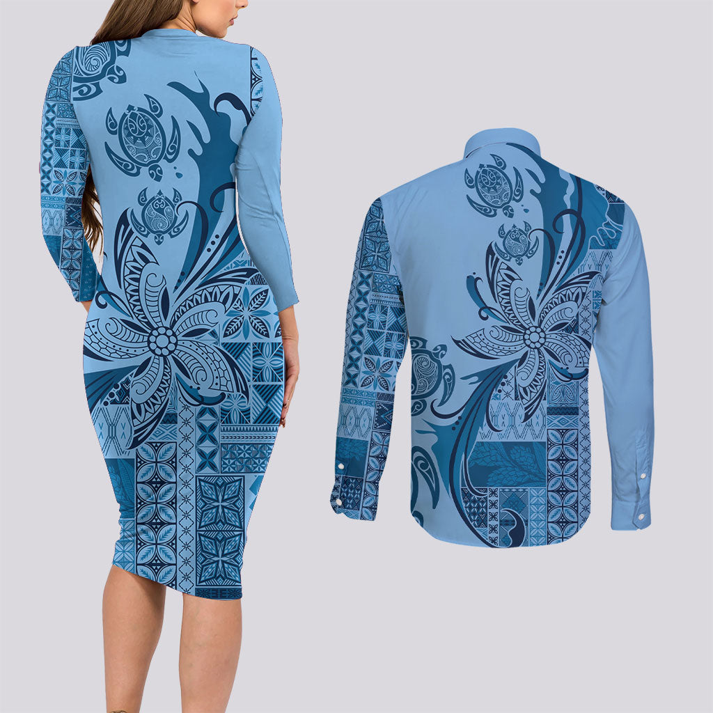 Talofa Samoa Mamanu Siapo Mix Malu Couples Matching Long Sleeve Bodycon Dress and Long Sleeve Button Shirt Cool Blue Frangipani and Turtles