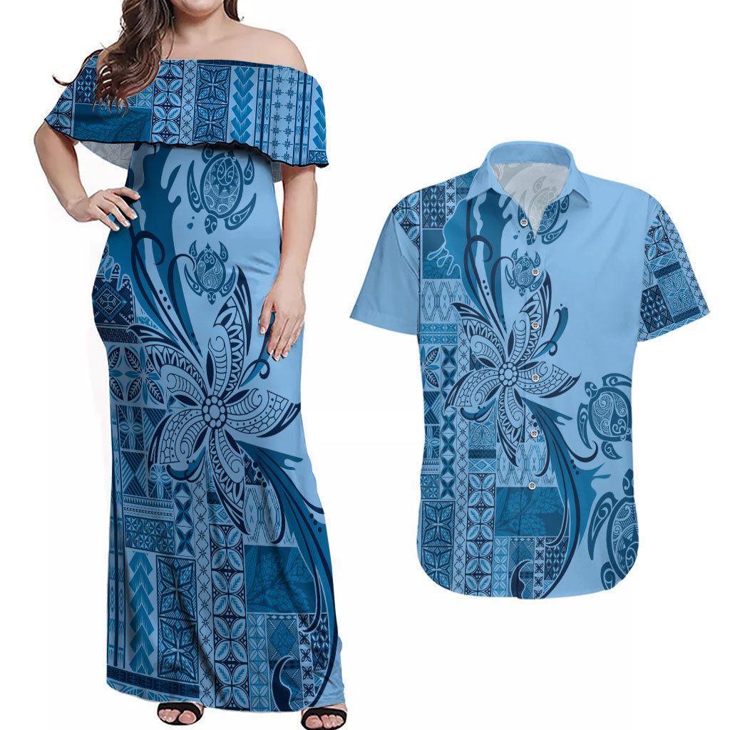 Talofa Samoa Mamanu Siapo Mix Malu Couples Matching Off Shoulder Maxi Dress and Hawaiian Shirt Cool Blue Frangipani and Turtles