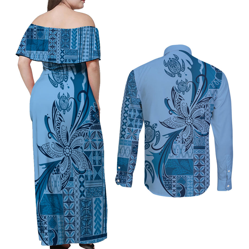 Talofa Samoa Mamanu Siapo Mix Malu Couples Matching Off Shoulder Maxi Dress and Long Sleeve Button Shirt Cool Blue Frangipani and Turtles
