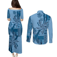 Talofa Samoa Mamanu Siapo Mix Malu Couples Matching Puletasi and Long Sleeve Button Shirt Cool Blue Frangipani and Turtles