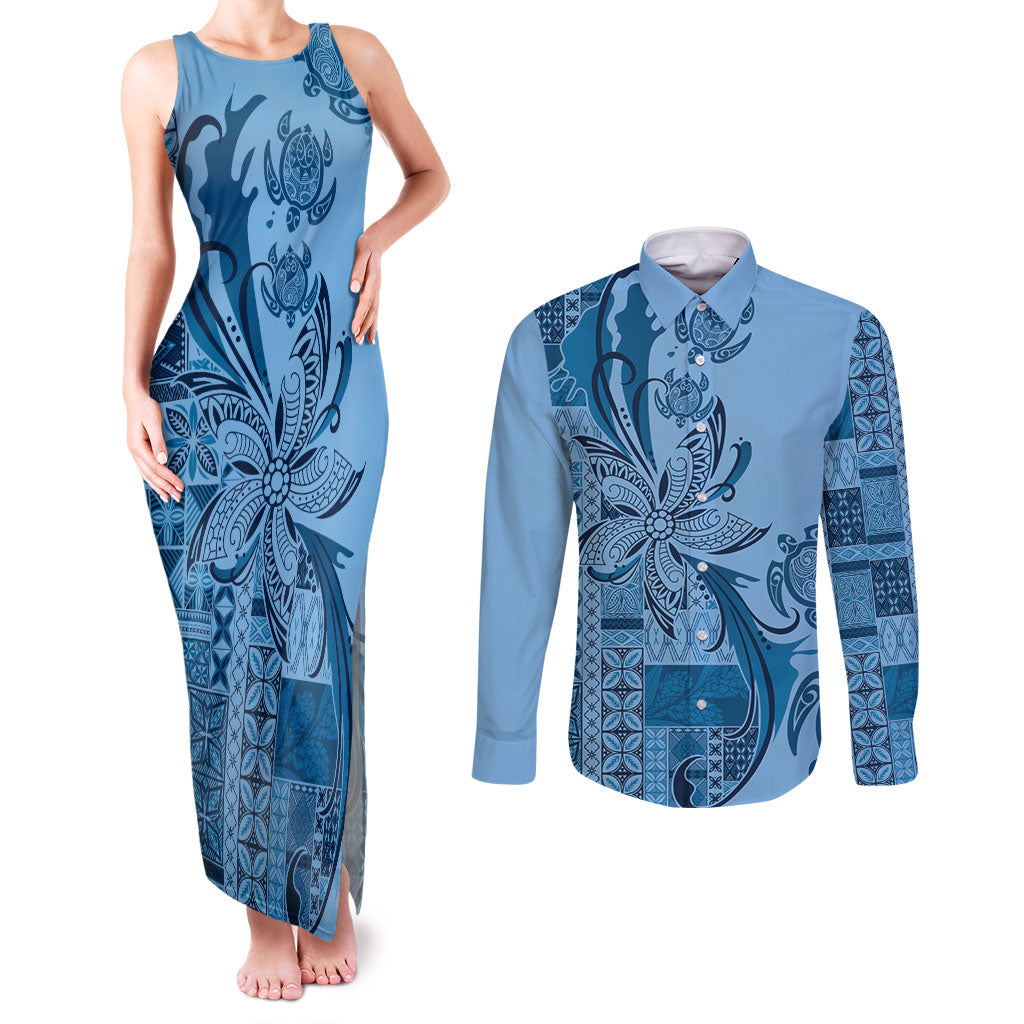 Talofa Samoa Mamanu Siapo Mix Malu Couples Matching Tank Maxi Dress and Long Sleeve Button Shirt Cool Blue Frangipani and Turtles
