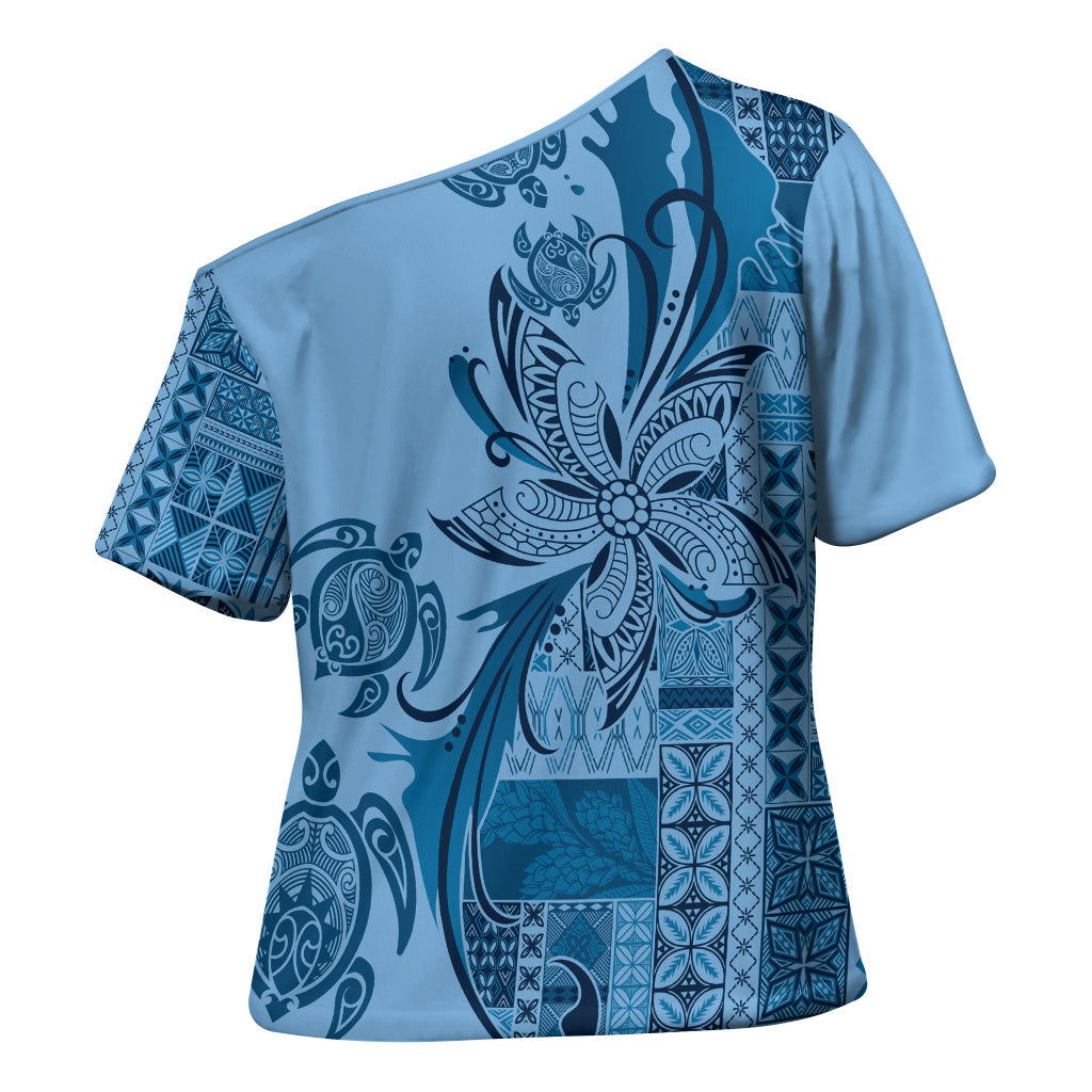 Talofa Samoa Mamanu Siapo Mix Malu Cross Shoulder Shirt Cool Blue Frangipani and Turtles LT7 - Polynesian Pride