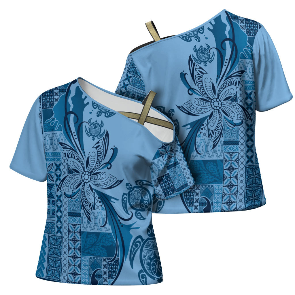 Talofa Samoa Mamanu Siapo Mix Malu Cross Shoulder Shirt Cool Blue Frangipani and Turtles LT7 - Polynesian Pride