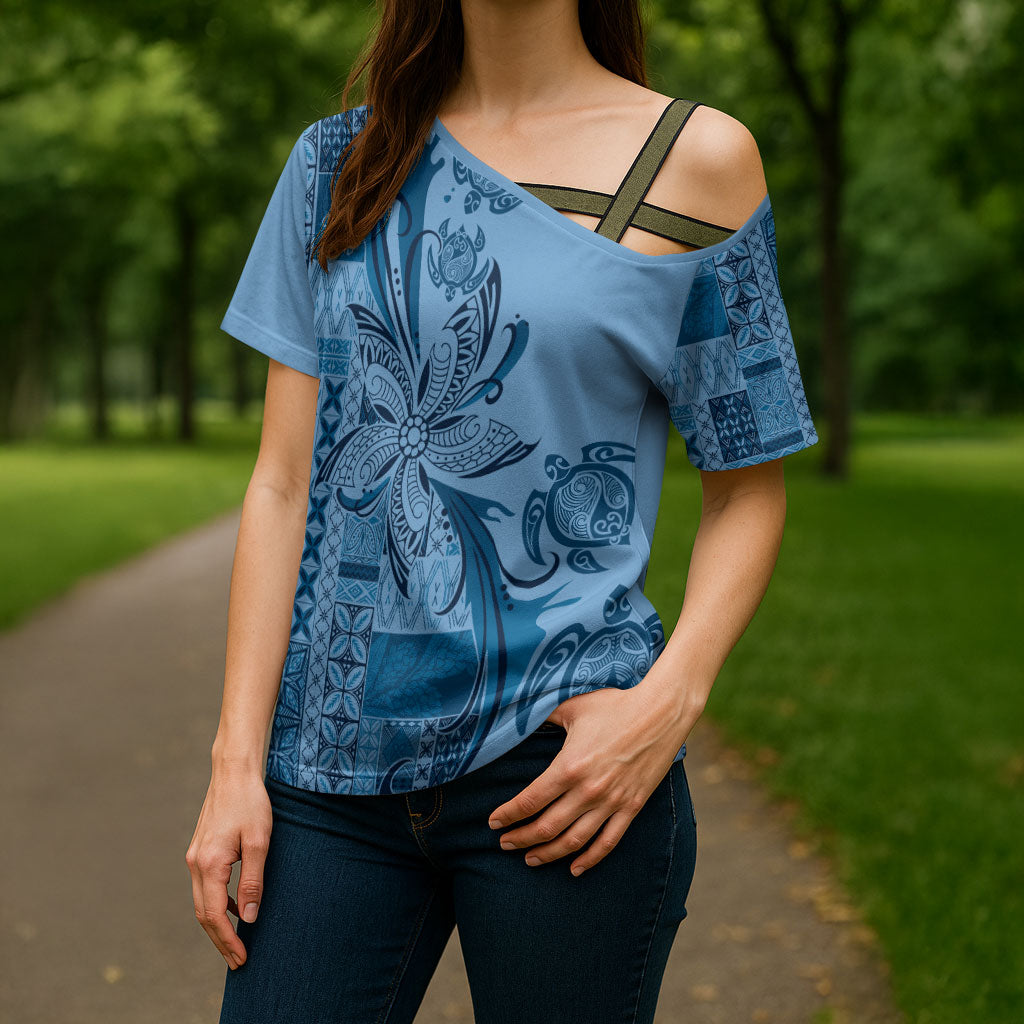 Talofa Samoa Mamanu Siapo Mix Malu Cross Shoulder Shirt Cool Blue Frangipani and Turtles LT7 - Polynesian Pride