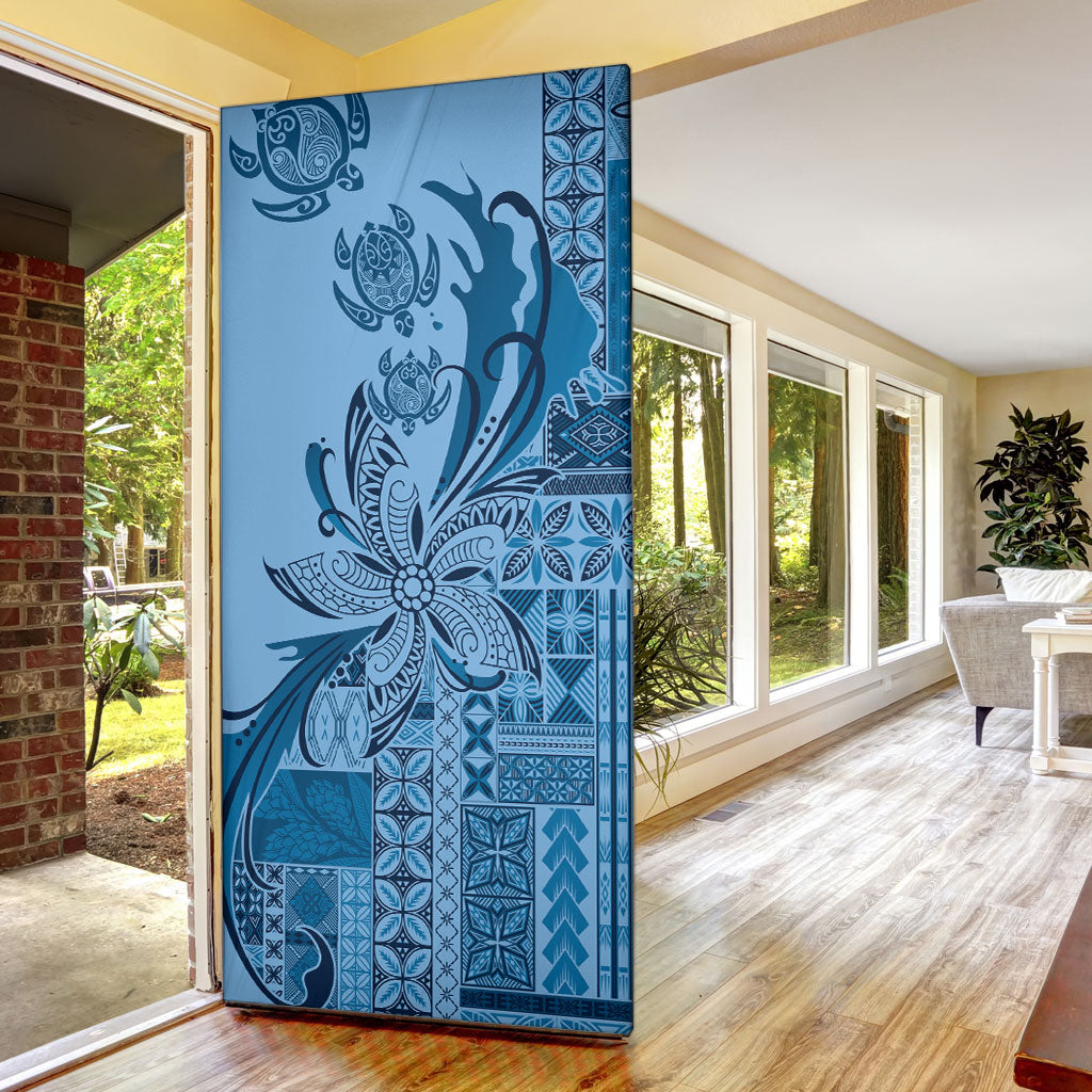 Talofa Samoa Mamanu Siapo Mix Malu Door Cover Cool Blue Frangipani and Turtles