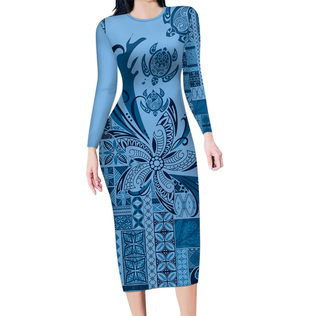 Talofa Samoa Mamanu Siapo Mix Malu Family Matching Long Sleeve Bodycon Dress and Hawaiian Shirt Cool Blue Frangipani and Turtles