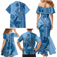 Talofa Samoa Mamanu Siapo Mix Malu Family Matching Mermaid Dress and Hawaiian Shirt Cool Blue Frangipani and Turtles