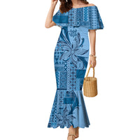 Talofa Samoa Mamanu Siapo Mix Malu Family Matching Mermaid Dress and Hawaiian Shirt Cool Blue Frangipani and Turtles