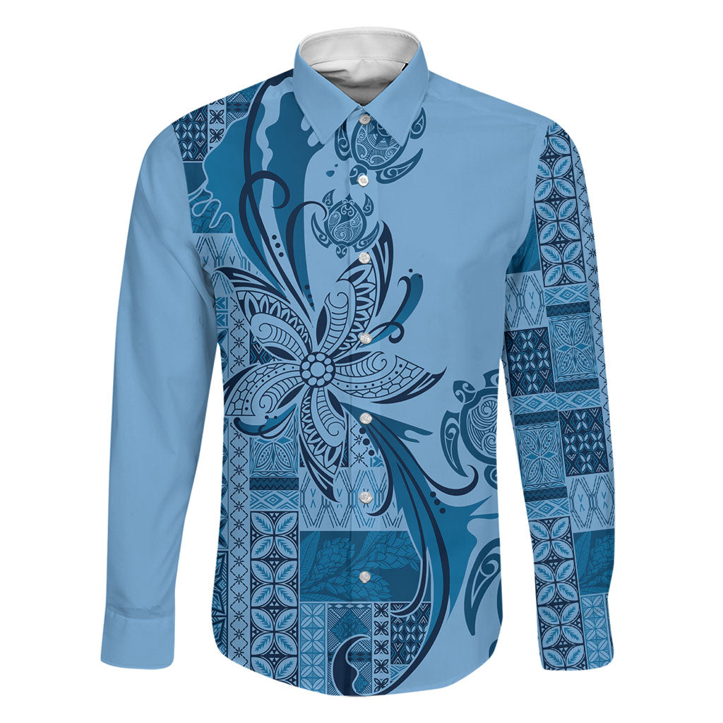 Talofa Samoa Mamanu Siapo Mix Malu Family Matching Off The Shoulder Long Sleeve Dress and Hawaiian Shirt Cool Blue Frangipani and Turtles