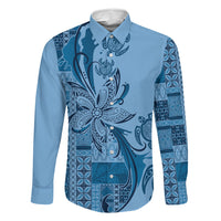 Talofa Samoa Mamanu Siapo Mix Malu Family Matching Off Shoulder Short Dress and Hawaiian Shirt Cool Blue Frangipani and Turtles
