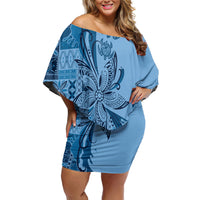 Talofa Samoa Mamanu Siapo Mix Malu Family Matching Off Shoulder Short Dress and Hawaiian Shirt Cool Blue Frangipani and Turtles
