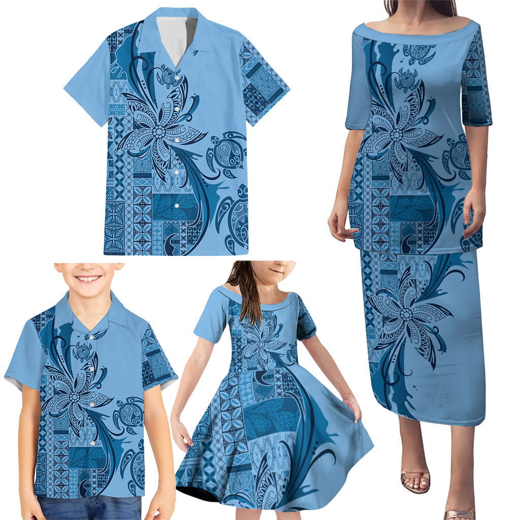 Talofa Samoa Mamanu Siapo Mix Malu Family Matching Puletasi and Hawaiian Shirt Cool Blue Frangipani and Turtles