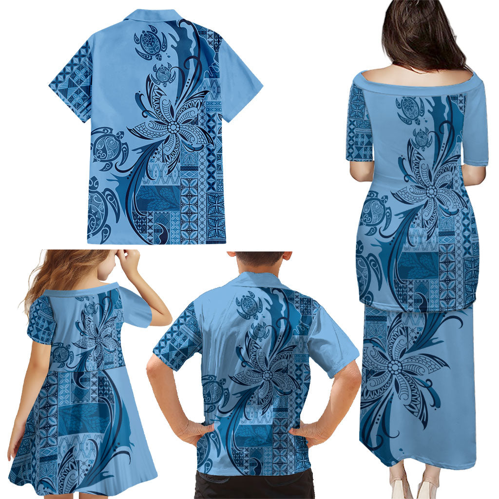 Talofa Samoa Mamanu Siapo Mix Malu Family Matching Puletasi and Hawaiian Shirt Cool Blue Frangipani and Turtles